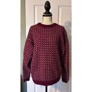 L.L Bean Knit Birdseye Fisherman Sweater Large Wool Red RARE Vintage Norway 80s